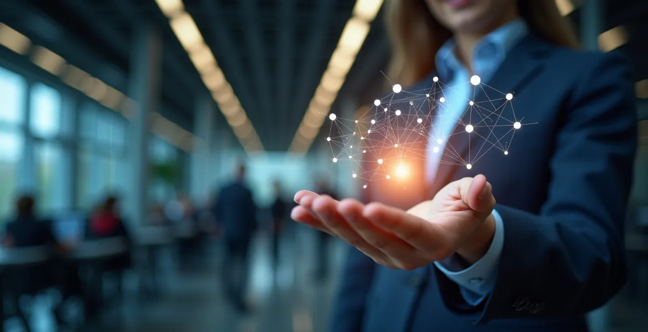 Main humaine analysant des hologrammes de données sécurisées