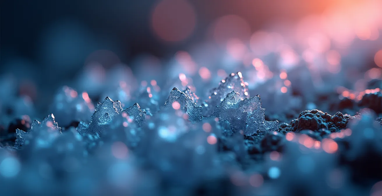 Vue macro d'une surface cristalline représentant le chiffrement des données