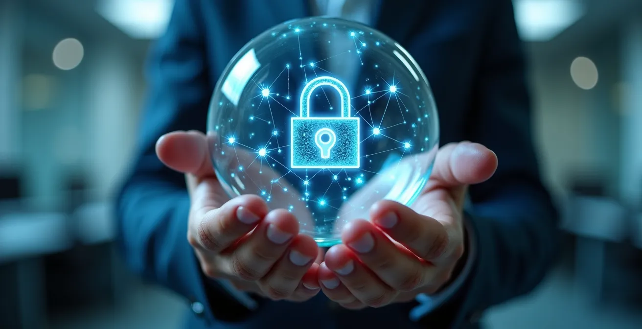 Mains tenant une sphère de verre avec réflexions de points de données sécurisés