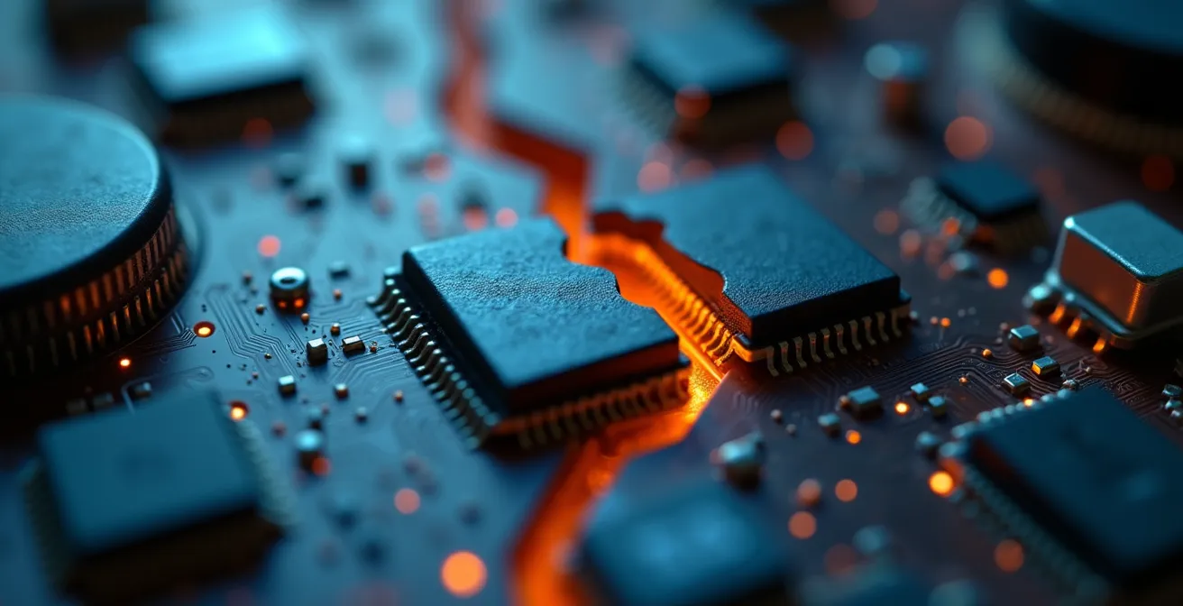 Vue macro d'un circuit imprimé avec une fissure révélant des vulnérabilités