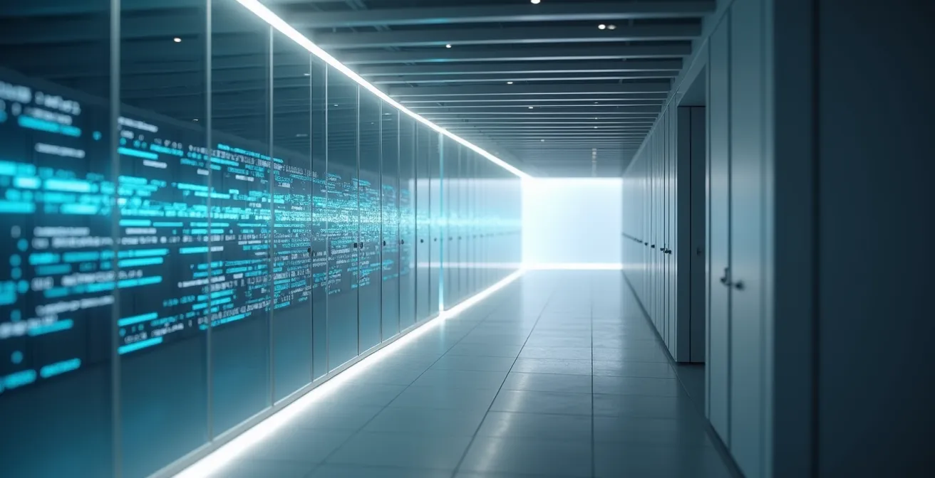 Architecture épurée d'un centre de données avec flux lumineux représentant les transferts tracés